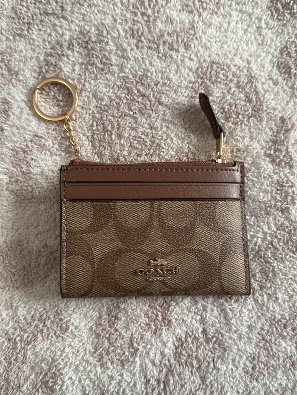 Coach Brown Signature Canvas Card Case with Gold Key Ring